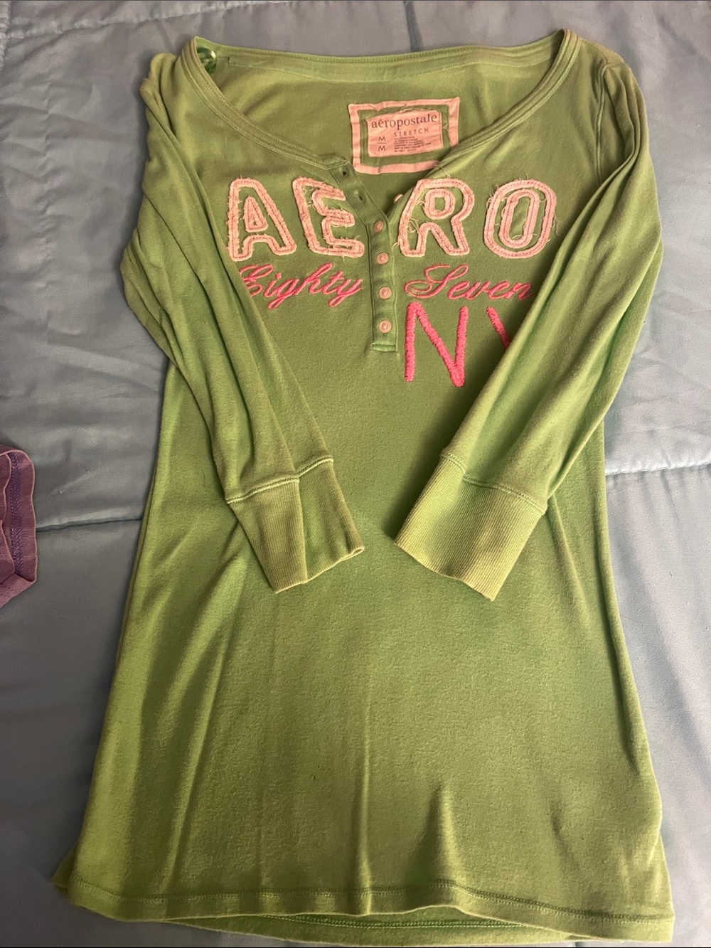 Aeropostale Lime Green 3 quarter Sleeve Henley with Pink Lettering